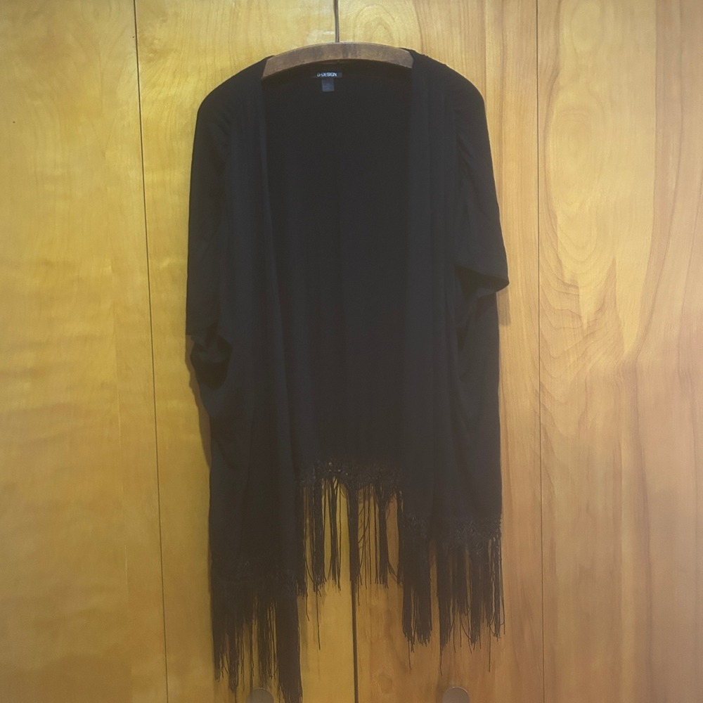 B Design Cardigan Size 2X Black Open Front‎ Ruched Slv Fringe Witchy Whimsigoth